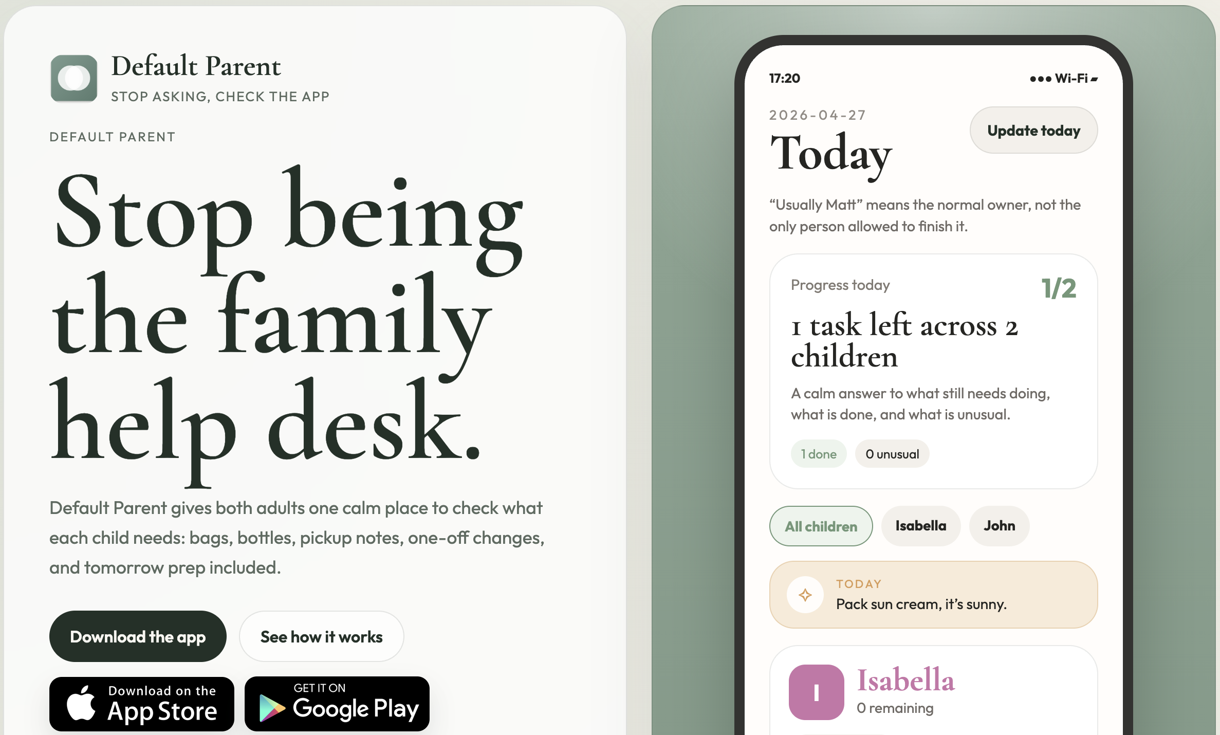 Default Parent website and app preview